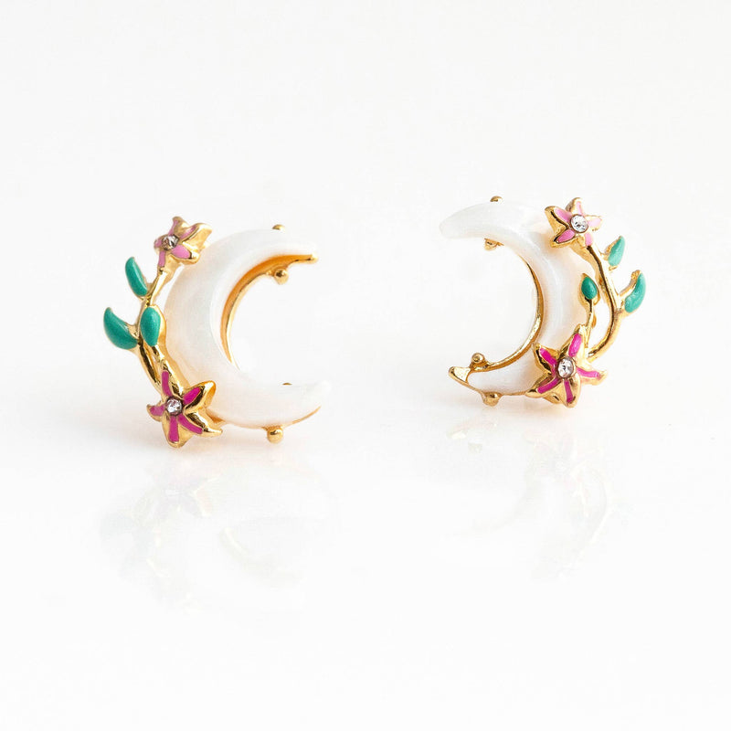 Earrings, Shell Moon & Flower Studs